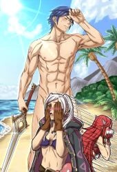 1boy 2girls amazingartistyellow artist_name beach bikini blue_hair blush breasts cfnm chrom_(fire_emblem) clothed_female_nude_male convenient_censoring convenient_censorship cordelia_(fire_emblem) female fire_emblem fire_emblem_awakening indecent_exposure looking_away male naked naked_male nintendo nude nude_male only_one_naked public public_nudity red_hair robin_(fire_emblem) robin_(fire_emblem)_(female) shy white_hair