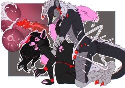 absurd_res anthro black_body bodily_fluids breasts canid canine capcom clothed clothing cum duo fanged_wyvern female flowing_hair genital_fluids hair hi_res impregnation kneeling knot knotting kodi_wolf2002 kyabetsu male male/female mammal monster_hunter panties panties_down partially_clothed underwear underwear_down waist_grab zinogre