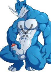 1boy abs anthro athletic balls biceps big_muscles blue_skin cum cum_drip digimon dragon dripping erection exveemon fangs grey_skin horn humanoid_penis male male_only markings masturbation muscular muscular_male nude nuroi pecs penile_masturbation penis pose precum scalie simple_background solo squatting thick_penis uncut white_background