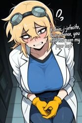 blonde_hair blue_shirt blush dialogue dr._flug_(villainous) embarrassed eye_scar female goggles_on_head indoors labcoat removed_mask rule_63 scar shy_pose sweating text tight_pants villainous yellow_gloves