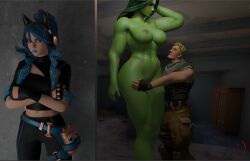 1boy 2girls 3d 3d_(artwork) annoyed annoyed_expression ass big_ass big_breasts blue_hair breasts completely_nude completely_nude_female crossover female fortnite fortnite:_battle_royale green_hair green_skin hope_(fortnite) hourglass_figure hourglass_figured_female huge_ass jonesy_(fortnite) looking_at_viewer male marvel marvel_comics muscular muscular_female nude she-hulk she-hulk_(fortnite) she_hulk shiny_skin thighs