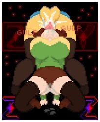 1boy 1girls ass ass chara cum cum_in_mouth cumming cumming_in_mouth fellatio frisk pixel_art pussy_juice pussy_juice_drip pussy_juice_drip_through_clothes self_upload shirt sword_swallowing_position text thighhighs thighs tongue undertale undertale_(series) zixy