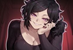 ai_generated arm_support ashley_graves black_choker black_hair black_shirt blush breasts cleavage collarbone denim denim_shorts female large_breasts long_sleeves looking_at_viewer pink_eyes short_shorts sitting smile solo teasing the_coffin_of_andy_and_leyley thighs