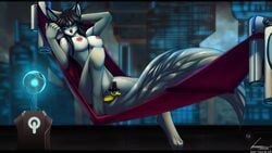 2016 avian bird blue_eyes breasts canine city clitoris duck female fur futuristic grey_fur grey_hair hair hammock hat headgear hi_res iontoon mammal nude pussy solo wolf