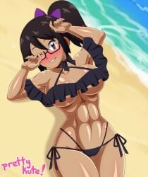 bikini_tan black_hair cute_face glasses original_character pie pk-studios