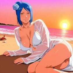 1girls ai_generated beach big_breasts bikini_top bikini_top_only bing_ai blue_hair bottomless bottomless_female breasts breasts_out breasts_out_of_clothes dusk female female_only huge_breasts impossible_swimsuit konan large_breasts light-skinned_female light_skin looking_at_viewer lying_on_side makeup naruto naruto_(series) naruto_shippuden nipples orange_eyes piercing sagging_breasts seaside shirt smile solo sunset swimsuit thick_thighs thighs tied_hair very_long_hair voluptuous wet_clothes wet_shirt