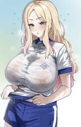 absurdres blonde_hair breasts buruma clothes_writing collared_shirt female grey_eyes gym_shirt gym_shorts gym_uniform highres hotate-chan huge_breasts multicolored_hair nipples original pink_hair polo_shirt see-through_clothes see-through_shirt shirt short_sleeves shorts streaked_hair sweat tsurime two-tone_hair wet wet_clothes wet_shirt white_shirt