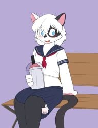 absurd_res anonymous_artist anthro asian_clothing balls bench big_balls big_penis black_body black_fur blue_eyes blush clothing container cup disposable_cup domestic_cat drinking_straw east_asian_clothing erection felid feline felis fur genitals hi_res japanese_clothing japanese_text long_socks male mammal meko multicolored_body navel nervous park_bench penetration penis school_uniform solo straw_in_penis text uniform urethral urethral_penetration white_body white_fur