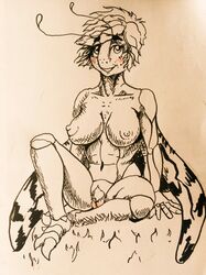 2016 4_arms abdomen antennae anthro antlion areola arsenia arthropod big_breasts blush breasts chirasul erect_nipples female grass hair hi_res insects looking_at_viewer multi_arm multi_limb navel nipples nude outside pen_(artwork) pubes pussy sitting smile solo tasteful threadwing_antlion traditional_media_(artwork) wings