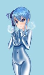 1girls 2020s 2022 back_zipper black_eyebrows blue_background blue_bodysuit blue_clothing blue_eyes blue_hair blue_hair_ornament blue_latex blue_rubber blush blush_lines bodysuit breath camel_toe cameltoe closed_mouth clothing damp dressing ero18naus eyebrows eyelashes female female_only flustered front_view hair_ornament hi_res holding holding_clothing holding_object hololive hololive_gen_0 hololive_japan hoshimachi_suisei human human_only latex latex_clothing latex_suit lycra lycra_suit moist navel_line nervous open_eyes page_1 png putting_clothes_on putting_on_clothes rubber rubber_clothing rubber_suit shiny_clothes solo standing star_in_eye steam sweat sweatdrop tight_clothing virtual_youtuber vtuber wrinkles_in_clothes zipper zipper_pull_tab