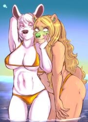 2d 2girls anthro athletic athletic_female bear belly bikini blonde_hair blush brown_bear bullying caught_off_guard cervine clothing deer digital_media duo female female/female fur furry gold_bikini golden_week green_flesh grizzly_bear haruki_(jackermine) heart_ears hi_res kissy_face lake mammal original original_character original_characters pink_eyes sea sika_deer slightly_chubby slightly_chubby_female sonne sunny_(sonne) swimming swimwear two-piece_swimsuit ursine water white_body white_fur white_hair yellow_eyes yuri