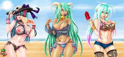 3girls 7th-heaven beach blue_hair bracelet breasts cross cross_earrings dark_skin denim denim_shorts dragon_girl earrings elf erainha green_hair hair hat headgear heterochromia horns ice_cream layla_(7th-heaven) long_hair multiple_girls nail_polish navel nipple_cutout nipples ocean original outdoors panties pink_hair pointy_ears popsicle purple_eyes purple_hair pussy_cleavage saya_rain see-through short_shorts shorts showgirl_skirt skirt skull_print smile spider_web_print sunglasses tattoo toned torn_clothes torn_shirt torn_thighhighs underwear very_long_hair water yellow_eyes