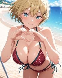2025 ai_generated beach_background belly black_hairband blonde_eyebrows blonde_female blonde_girl blonde_hair_female blue_eyes_female closed_mouth dotted_bikini heart_hands instagram looking_at_viewer meta mouth_closed not_porn orange_cheeks pekoillust red_bikini smile_at_viewer smiling_at_viewer tummy unknown_character wet_bikini wet_body wet_skin