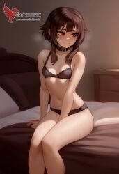 1girls 2d ai_generated ass back bare_shoulders barefoot big_ass bra brown_hair collar erophoenix female female_focus full_body kono_subarashii_sekai_ni_shukufuku_wo long_hair looking_at_viewer megumin pale_skin pale_skinned_female panties patreon_username red_eyes short_hair sitting small_breasts smile soles solo thick thick_thighs uncensored underwear