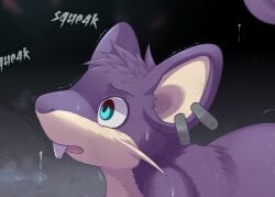 after_transformation alternate_version_at_paywall blue_eyes bodily_fluids buckteeth cum cum_on_wall ear_piercing english_text feral fur generation_1_pokemon genital_fluids hair headshot_portrait ivan-jhang male mammal motion_lines nintendo nude offscreen_sex piercing pokemon pokemon_(species) portrait purple_body purple_fur purple_hair rattata rodent solo squeaking sweat tan_body tan_fur teeth text whiskers