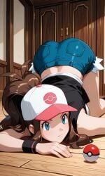 1girl ai_generated anime_style big_ass blue_eyes blush brown_hair closed_mouth day denim denim_shorts hat hilda_(pokemon) long_hair looking_at_viewer outdoors pokemon_bw self_upload shirt short short_shorts sidelock sleeveless tagme vest