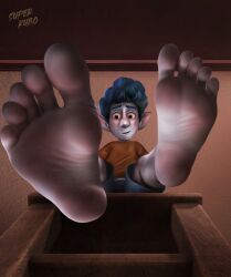 1boy 2024 barefoot blue_hair curly_hair disney foot_fetish ian_lightfoot male male_only onward_(2020) pixar solo super_kubo worm's-eye_view