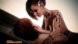 2girls 3d cyberpunk cyberpunk_2077 female game_screenshot judy_alvarez lesbian_sex nude nude_female on_roof panamlove screenshot screenshot_edit v_(cyberpunk_2077) valerie_(cyberpunk_2077)