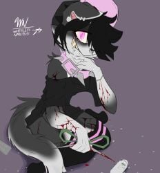 anthro black_hair blood blood_drip blood_on_arm blood_on_ground blood_on_hand blood_on_leg blood_on_object blood_on_scissors bodily_fluids border_collie canid canine canis clothing collar collie crying domestic_dog dripping drugs ear_piercing facial_piercing fangs female footwear hair hat headgear headwear herding_dog hi_res holding_object karina_(worthlessnarcissist) mammal nose_piercing oversized_clothing oversized_topwear pastoral_dog piercing pills purple_eyes saliva scissors self-harm septum_piercing sharp_teeth sheepdog shirt snot socks solo spiked_collar spikes spiral_eyes tears teeth topwear undershirt vent_art wearing_hat worthlessnarcissist wounded