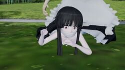 2girls 3d black_hair captured female gag gagged improvised_gag kaguya_houraisan long_hair marisa_kirisame pavro touhou yuri