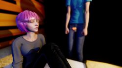 1boy 3d bedroom blurry_background brother_and_sister cgi closed_eyes clothed dark_room female hesitant incest male pants penis_out pink_hair short_hair shy sitting standing sweater