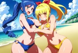 2girls ai_generated beach bikini blonde_hair blue_hair catfight censored competitive competitive_intercourse exposed_breasts exposed_pussy lesbian_competitive_intercourse marin_(sea_story) sea_story sexfight warin yuri