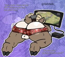 anthro ass balls bodily_fluids bovid caprine carl_hendricks clothed clothing dialogue disgaea echo_(game) echo_(series) echo_project electronics etna gaming genitals laharl male mammal monitor nippon_ichi_software nosferatu_(disgaea) partially_clothed playing_video_game playstation playstation_2 rear_view sebboh sheep solo sony_corporation sony_interactive_entertainment sweat sweat_clouds underwear