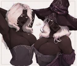 bon_drawr clothed corset dark-skinned_female dark_skin elden_ring elden_ring_nightreign eyelashes gorgeous hat looking_at_viewer nipples recluse_(elden_ring) recluse_(nightreign) solo solo_female white_hair witch witch_hat