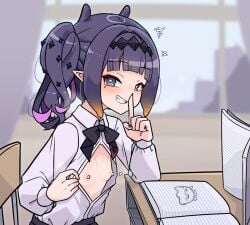 1girls areolae bangs be_quiet blue_eyes blush bowtie breasts breasts_out exposed_breasts eyelashes female female_only grin heart-shaped_pupils hololive hololive_english hololive_myth light-skinned_female light_skin looking_at_viewer mole mole_under_eye moral_cacoethes ninomae_ina'nis ninomae_ina'nis_(school_uniform) nipples no_bra notebook open_clothes open_shirt pointy_ears pov presenting presenting_breasts purple_hair school_uniform schoolgirl shirt short_hair showing_breasts side_ponytail sitting small_breasts solo tagme tiny_breasts virtual_youtuber white_shirt