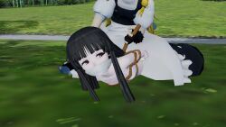 2girls 3d black_hair captured female gag gagged improvised_gag kaguya_houraisan long_hair marisa_kirisame pavro touhou yuri