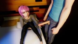 1boy 3d awkward barefoot blue_eyes brother_and_sister cgi clothed couple erection female handjob holding_penis incest jeans looking_at_partner male on_bed original_character painted_nails penis_out pink_hair short_hair sitting
