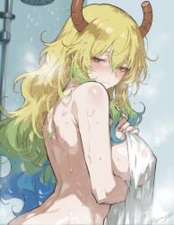 1girls ai_generated blush covering_breasts embarrassed from_side huge_breasts kizirugai kobayashi-san_chi_no_maidragon looking_at_viewer lucoa nude shower shy tagme wet wet_skin