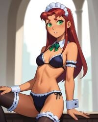 2025 ai_generated belly blush blush_lines blushing blushing_female cartoon_network dc_super_hero_girls dcau female female_focus female_only green_eyes_female instagram maid_bikini maid_outfit maid_uniform meta not_porn orange_cheeks red_eyebrows red_hair_female starfire_(teen_titans) teen_titans teeth_showing tummy unknown_artist unknown_place