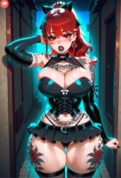ai_generated alley arm_tattoo ass_visible_through_thighs bangs bare_shoulders belt bimbofication black_choker black_lips black_nails black_panties black_skirt black_thighhighs blush bow breast_tattoo breasts choker cleavage corruption cowboy_shot curvy detached_sleeves ear_piercing earrings female goth goth_girl gothic gothification gothified hair_between_eyes hair_ribbon heart heart_choker heart_tattoo highleg huge_breasts jewelry kasumi_yoshizawa large_breasts leg_tattoo lipstick long_hair looking_at_viewer makeup microskirt miniskirt mole mole_on_breast mouth_hold navel panties patreon_logo patreon_username persona persona_5 persona_5_royal piercing pleated_skirt ponytail pubic_tattoo red_eyes red_hair red_lips ribbon skindentation skirt solo standing sweat tattoo tgv9173 thick_thighs thighhighs thighs thong underwear watermark web_address wide_hips