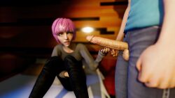 1boy 3d blue_eyes blurry_background brother_and_sister cgi clothed couple dark erection female fists hair hand_out incest jeans knees_together male penis_out pink short_hair sweater touching_penis