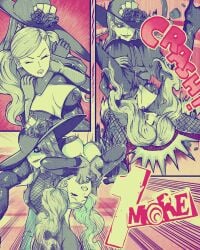 2girls 3koma absurdres black_eyeliner black_hat bodysuit breasts catfight cleavage clenched_teeth closed_eyes comic commentary_request defeat emphasis_lines english_commentary english_text eyeliner fishnet_dress fishnet_thighhighs fishnets flower gloves grabbing_from_behind grey_hair hat hat_flower highres makeup medium_breasts mixed-language_commentary monochrome multiple_girls open_mouth osusowake partially_colored persona persona_5 powerbomb shadow_sae strangling submission_hold takamaki_anne teeth thighhighs twintails v-shaped_eyebrows wrestling
