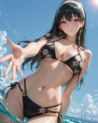 1girls 2025 ai_generated anime beach_background belly bikini black_bikini black_eyebrows black_hair_female eyebrows_visible_through_hair female flower_bikini golden_earrings instagram inviting_viewer meta not_porn red_cheeks red_eyes_female red_lipstick spy_x_family standing_in_water tummy unknown_artist wet_bikini wet_body wet_skin white_hairband yor_briar