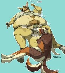 absurd_res anthro australian_shepherd ball_sniffing balls belly_overhang beverage_can bodily_fluids body_hair bulge bulge_sniffing canid canine canis cigarette clothing domestic_dog duo fat_thighs fatpad genitals happy_trail herding_dog hi_res jockstrap kangaroo macropod male male/male mammal marsupial moobs obese obese_male overweight overweight_male pastoral_dog sheepdog size_difference smoking smoking_cigarette sniffing southernyote steam_clouds sweat sweaty_clothing sweaty_footwear sweaty_shirt sweaty_socks sweaty_topwear underwear