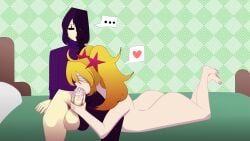 ... 1boy 1girls ass balls bed big_ass big_penis cum cum_in_mouth dark_zixy fellatio hand_on_penis heart naked_female penis shirt stefany_(thebenja05) yazu_(artist) yazuel_aliel