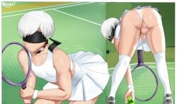1boy balls blindfold bottomless clothing crossdressing femboy hairband light-skinned_male light_skin male male_focus male_only nicoguer nier nier:_automata penis rear_view short_hair skirt solo tennis_ball tennis_racket tennis_uniform testicles trap white_hair yorha_9s
