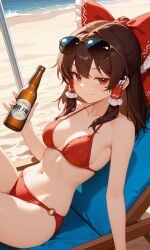 ai ai_art ai_generated alcoholic_drink beach beer belly_button bikini breasts brown_hair female pixai red_eyes reimu_hakurei ribbon smug touhou