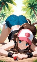 ai_generated anime_style big_ass blue_eyes blush brown_hair closed_mouth day denim denim_shorts female hat hilda_(pokemon) long_hair looking_at_viewer outdoors pokemon_bw self_upload shirt short short_shorts sidelock sleeveless tagme vest