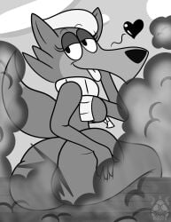 ass ass_grab beret breasts fart fart_cloud fart_fetish female furry gooeysin heart log loopy_(loopy_de_loop) loopy_de_loop monochrome scarf seductive seductive_look sitting solo tagme teasing tongue tongue_out wolf