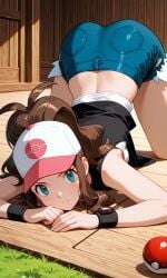 ai_generated anime_style big_ass blue_eyes blush brown_hair closed_mouth day denim denim_shorts female hat hilda_(pokemon) long_hair looking_at_viewer outdoors pokemon_bw self_upload shirt short short_shorts sidelock sleeveless tagme vest