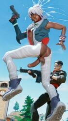 ass balls big_ass big_butt big_penis bones_(fortnite) brown_skin dick exposed_ass exposed_penis finn_maw_(fortnite) fortnite fortnite:_battle_royale gay gun penis pistol rifle ripped_clothing ripped_pants scoutfuntf2 slim_male twink vest white_hair white_pants young_male