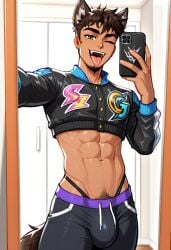 abs ai_generated brown_skin bulge clawd_wolf clawd_wolf_(g3) crop_top fangs monster_high monster_high_g3 pubic_hair straps tan_skin twink