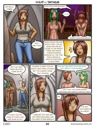 antennae belt bobbydando brick_wall brown_eyes brown_hair clothing colored comic door english_text fairies_vs_tentacles fairy fantasy female grass green_eyes green_hair hair nipples nude page_88 short_hair tumblr_username