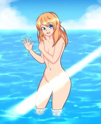 ambiguous_gender blonde_hair blue_eyes bridget bridget_bath_scene_(dual_rulers) convenient_censoring covering fully_nude guilty_gear light_beam nude orangemint_4444 tagme trans trans_woman transfem transgender transgender_woman uc-four water