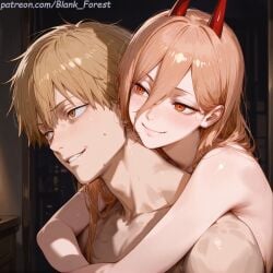1boy ai_generated artist_name bangs bare_shoulders blank_forest blonde_hair blush breasts brown_eyes brown_hair chainsaw_man collarbone couple demon demon_girl demon_horns denji_(chainsaw_man) eyebrows_visible_through_hair female hair_between_eyes half-closed_eyes horns hug hug_from_behind indoors large_breasts lips long_hair looking_at_viewer male nude oerba_yun_fang orange_eyes parted_lips power_(chainsaw_man) red_eyes red_horns sharp_teeth shirt short_hair smile straight sweat symbol-shaped_pupils upper_body white_shirt yellow_eyes