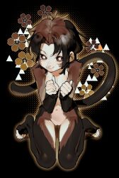 animal_ears barefoot black_background black_hair brown_eyes brown_hair english_commentary female flat_chest flower hands_up highres looking_at_viewer monkey_ears monkey_girl monkey_tail multicolored_hair original parted_bangs pita-potato pussy short_hair sitting smile solo tail two-tone_hair